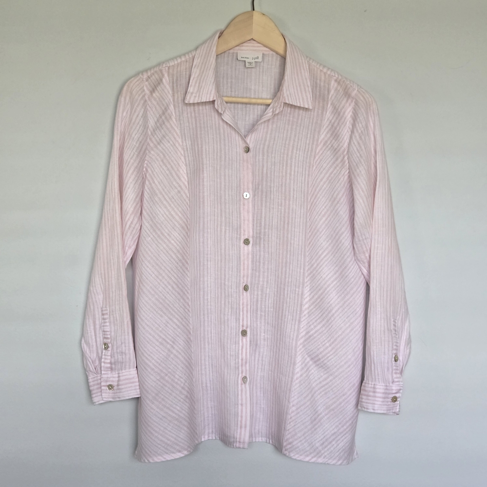 J. Jill Sz S Petite 100% Linen Pink White Striped Long Sleeve Button-Down Shirt